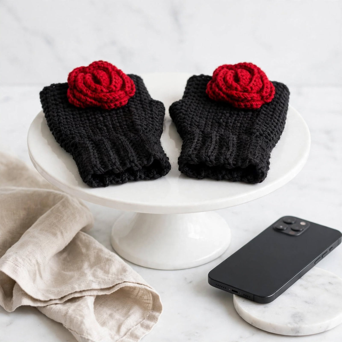 Handmade Crochet Fingerless Gloves – Pure Black with Side Maroon Rose