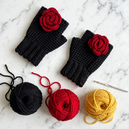 Handmade Crochet Fingerless Gloves – Pure Black with Side Maroon Rose