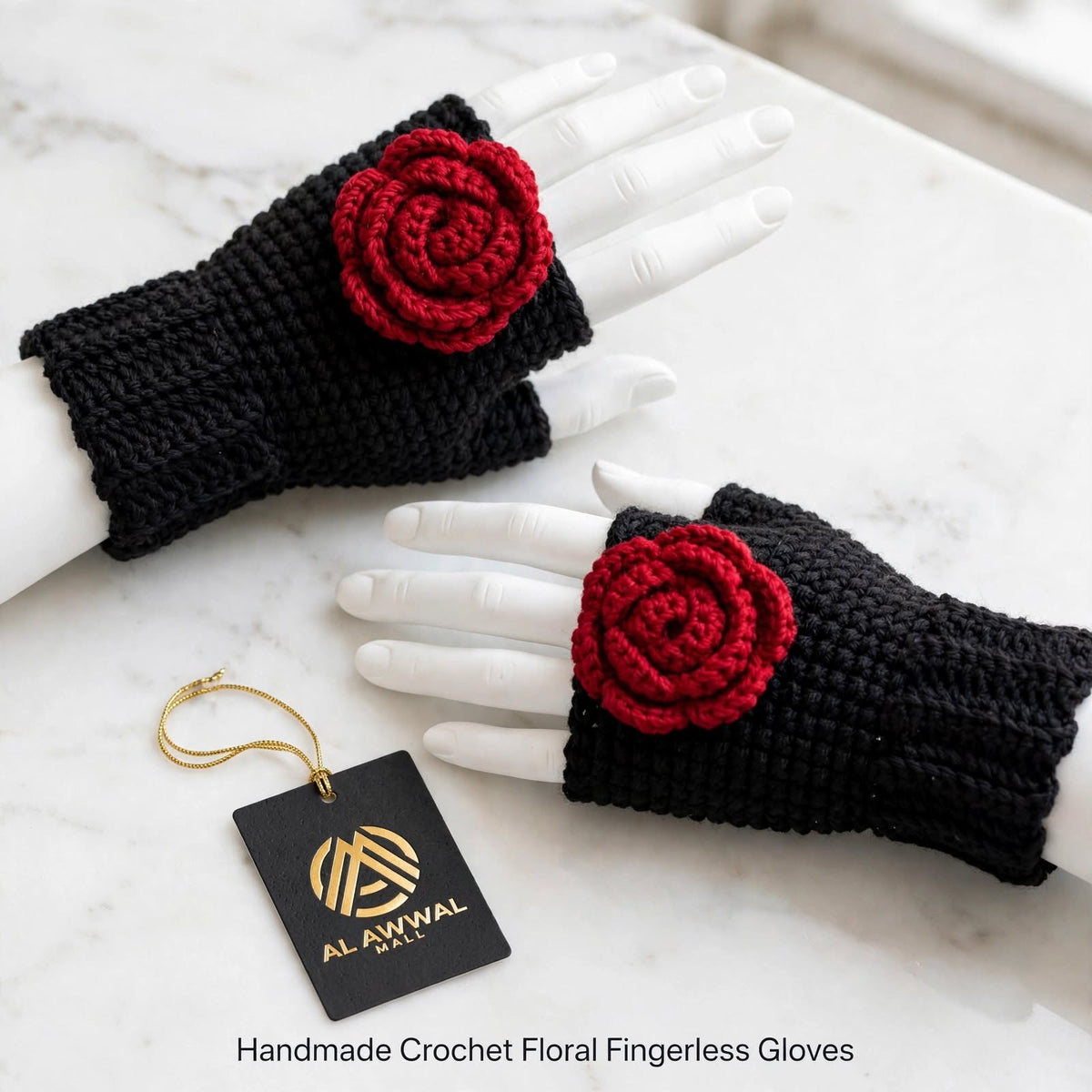 Handmade Crochet Fingerless Gloves – Pure Black with Side Maroon Rose