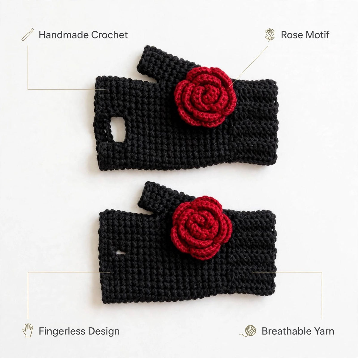Handmade Crochet Fingerless Gloves – Pure Black with Side Maroon Rose