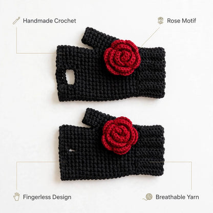 Handmade Crochet Fingerless Gloves – Pure Black with Side Maroon Rose