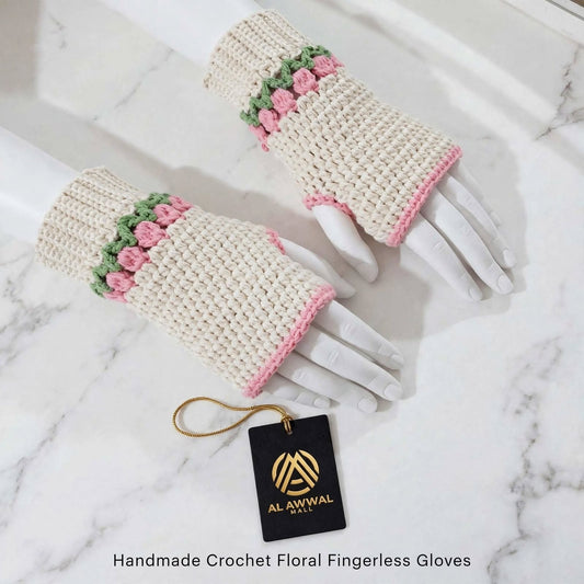 Handmade Crochet Fingerless Gloves – Cream with Baby Pink & Green Floral Design