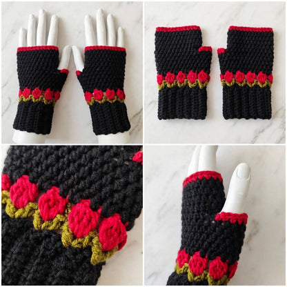 Handmade Crochet Fingerless Gloves – Black with Red Rose & Green Floral Design