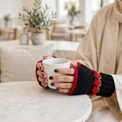 Handmade Crochet Fingerless Gloves – Black with Red Rose & Green Floral Design
