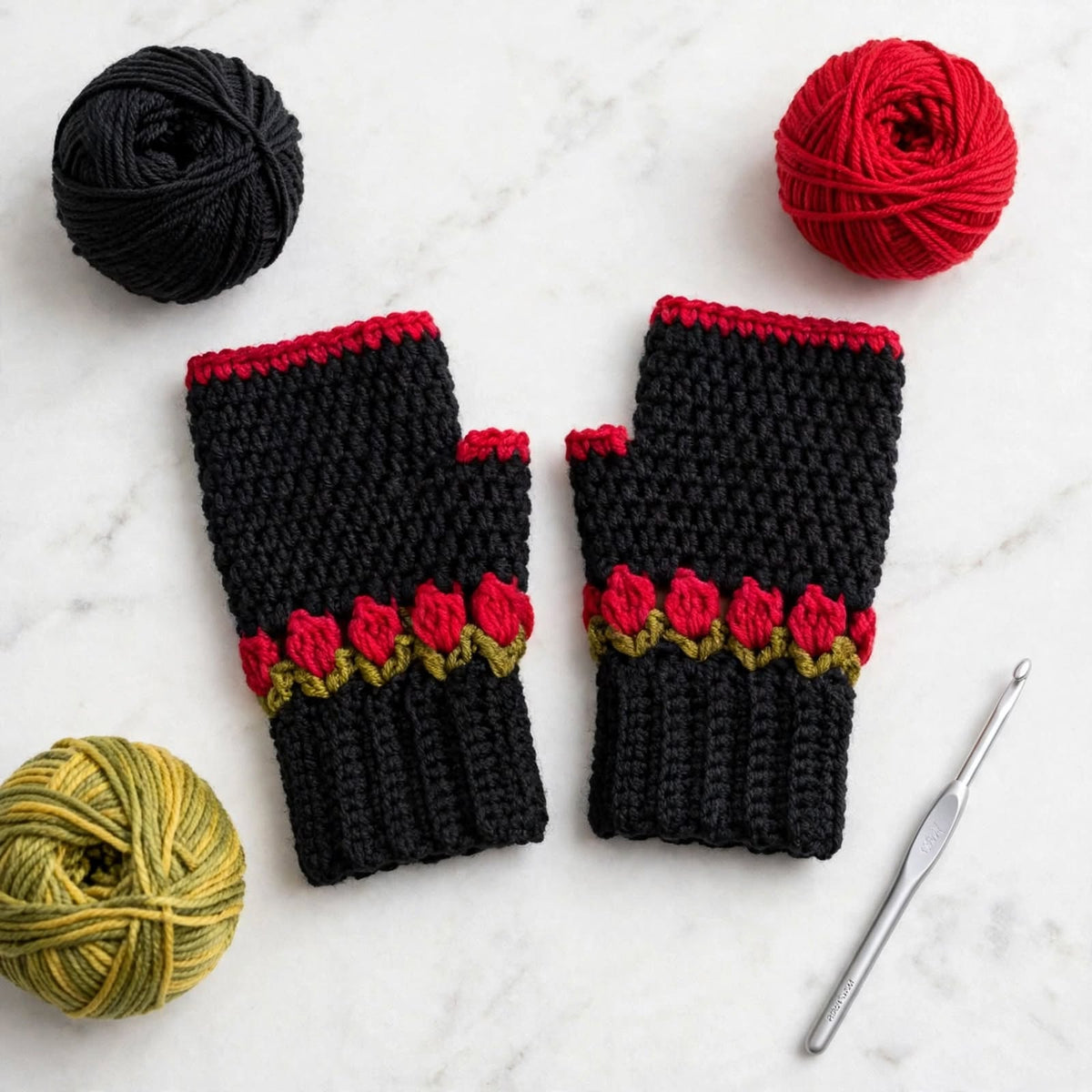 Handmade Crochet Fingerless Gloves – Black with Red Rose & Green Floral Design