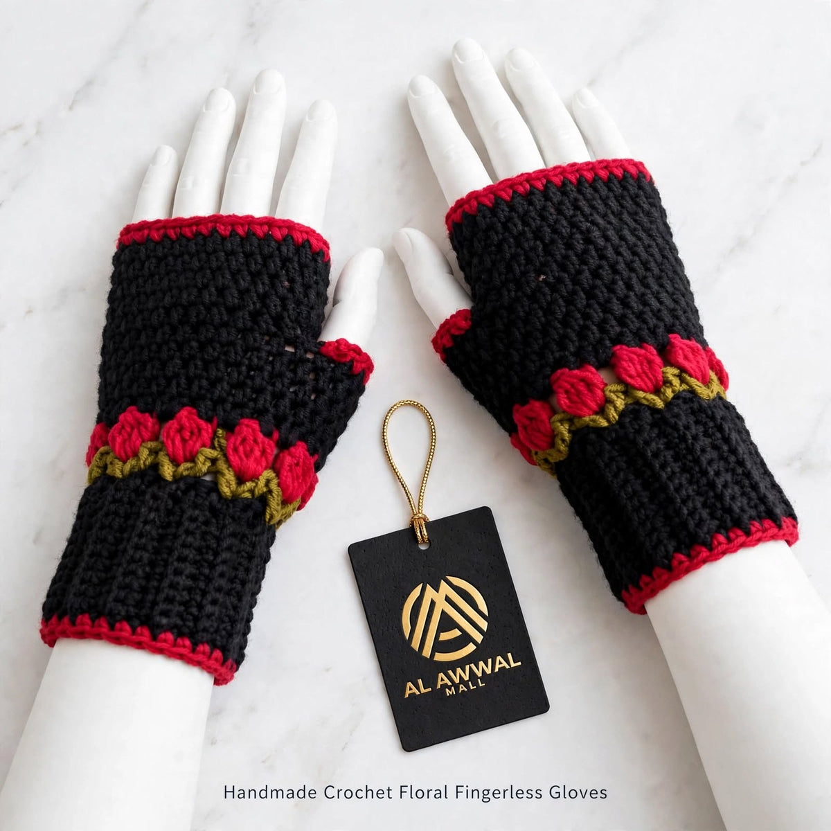 Handmade Crochet Fingerless Gloves – Black with Red Rose & Green Floral Design