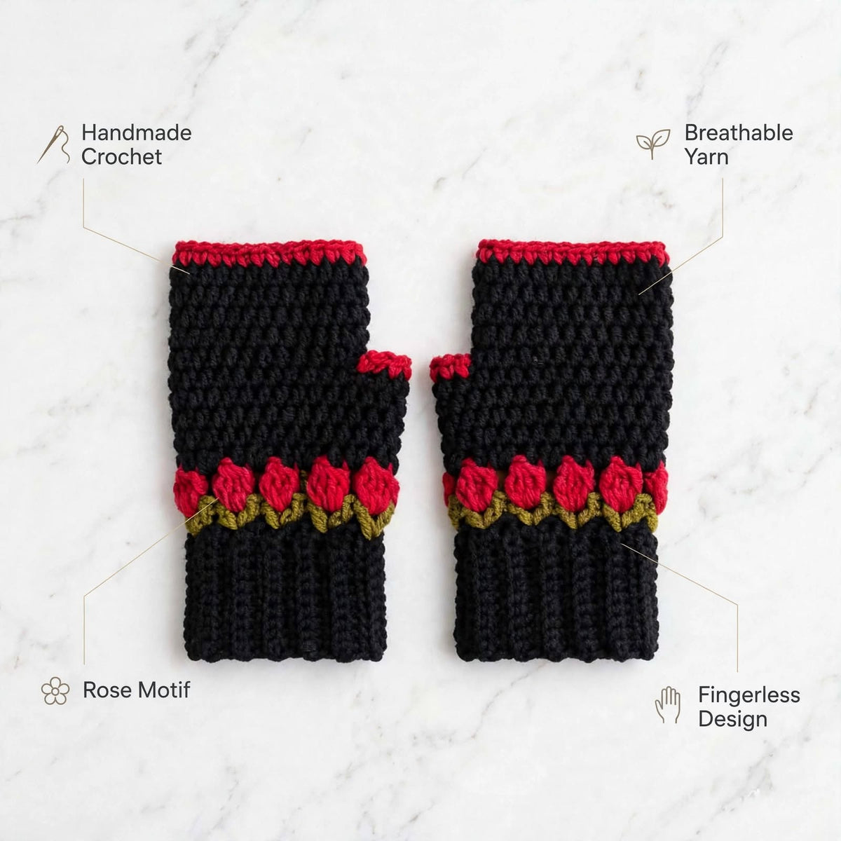 Handmade Crochet Fingerless Gloves – Black with Red Rose & Green Floral Design