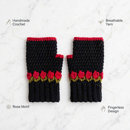 Handmade Crochet Fingerless Gloves – Black with Red Rose & Green Floral Design