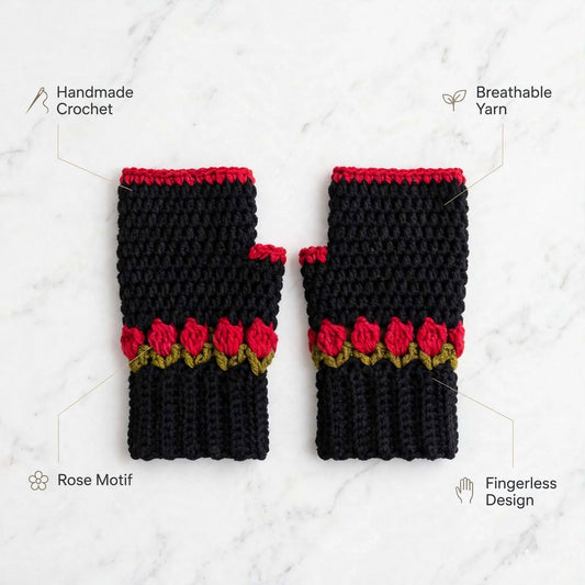 Handmade Crochet Fingerless Gloves – Black with Red Rose & Green Floral Design