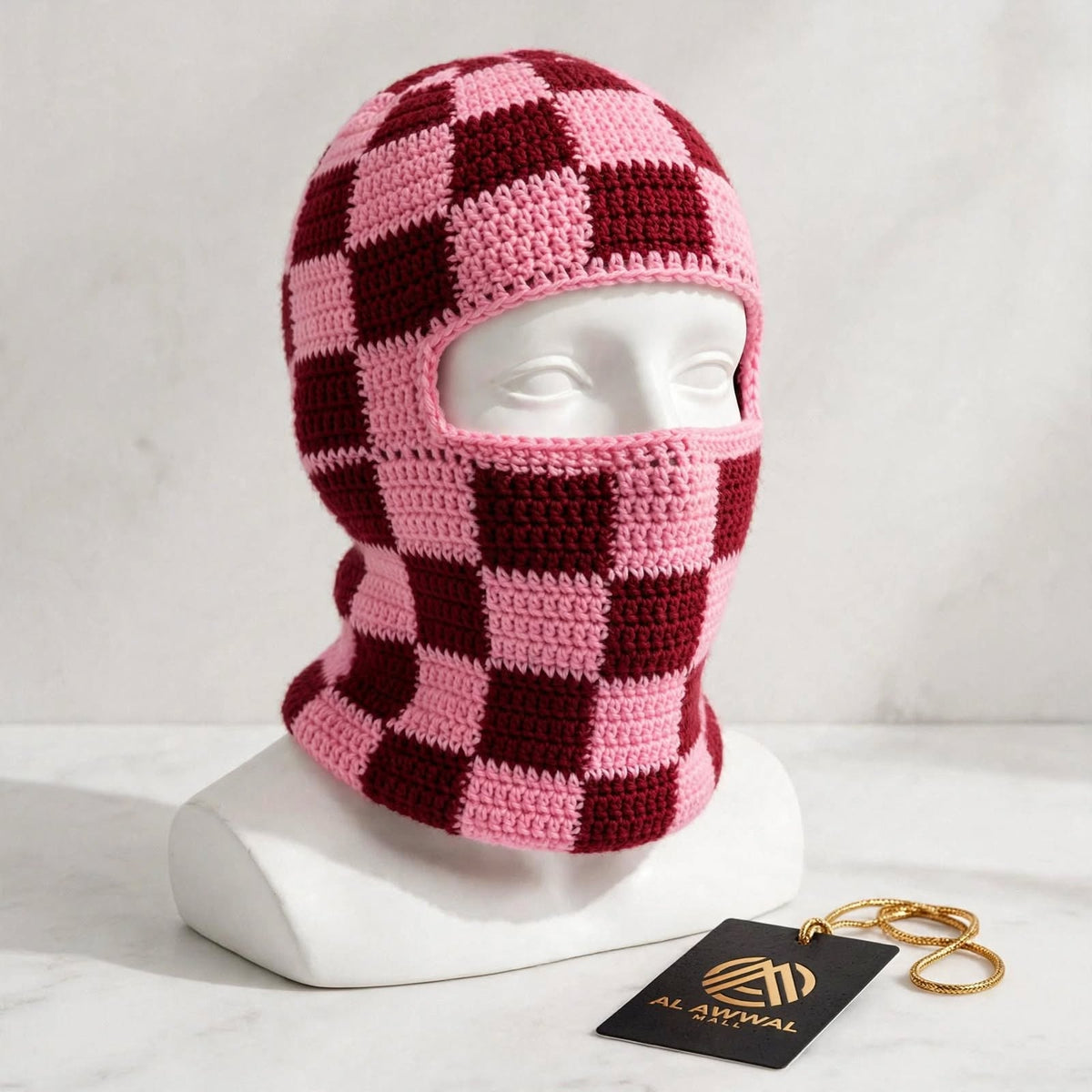 Handmade Crochet Full Face Mask – Pink & Maroon Block Design