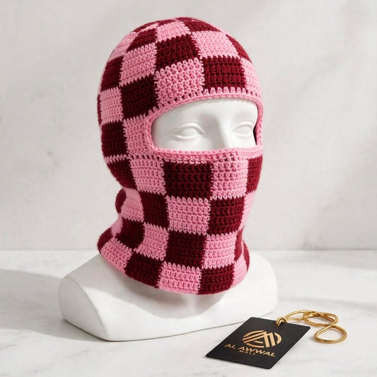 Handmade Crochet Full Face Mask – Pink & Maroon Block Design