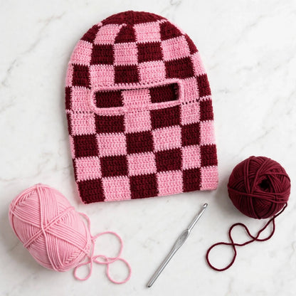 Handmade Crochet Full Face Mask – Pink & Maroon Block Design