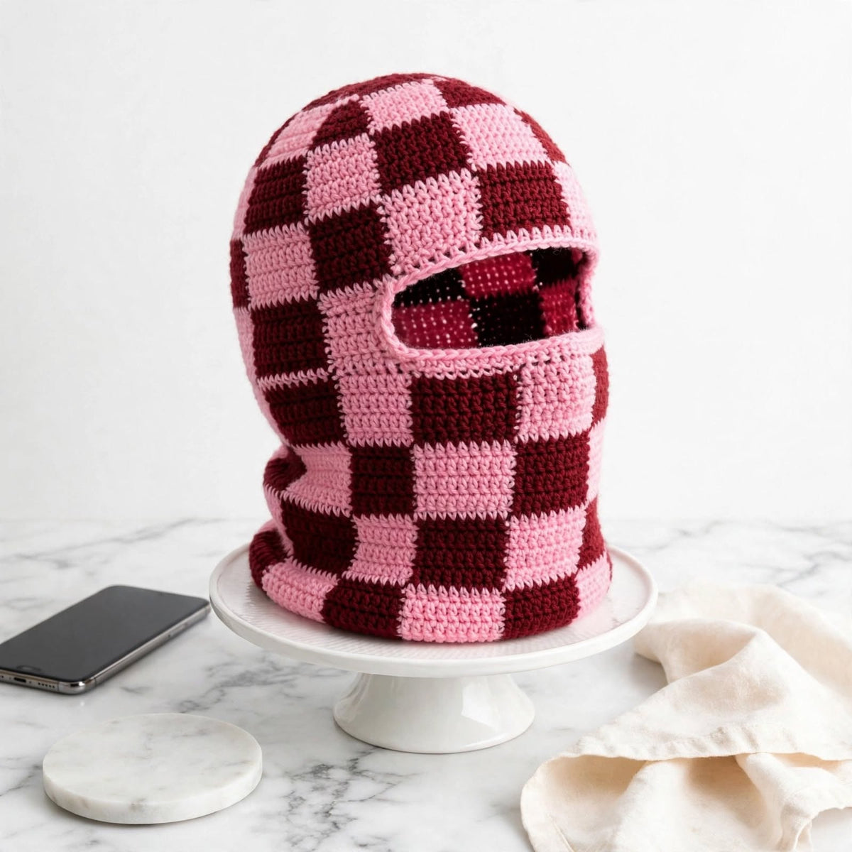 Handmade Crochet Full Face Mask – Pink & Maroon Block Design