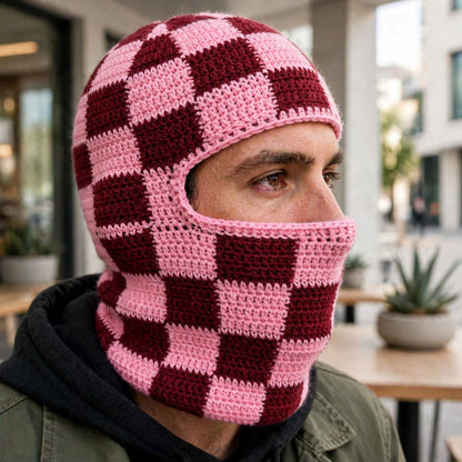 Handmade Crochet Full Face Mask – Pink & Maroon Block Design