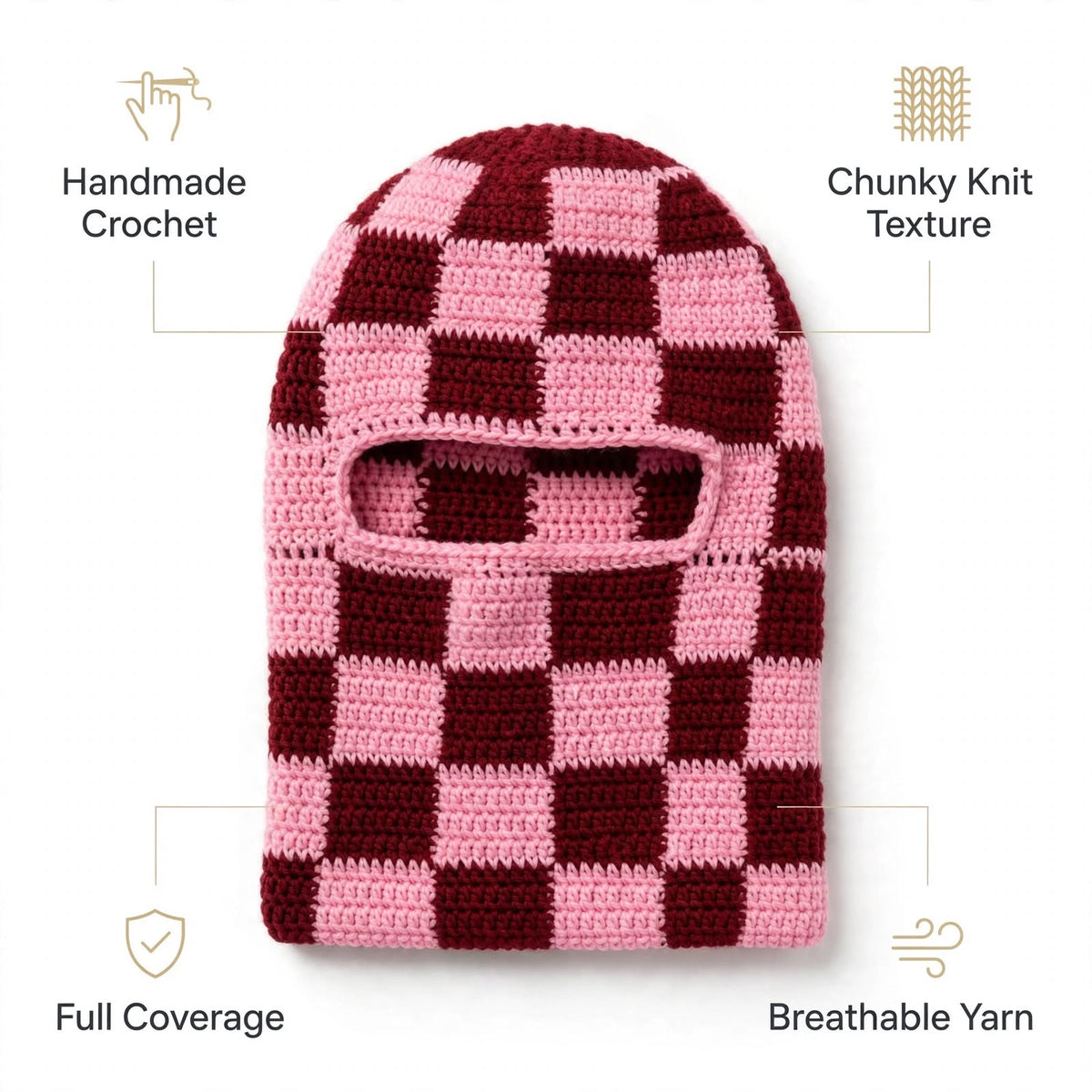 Handmade Crochet Full Face Mask – Pink & Maroon Block Design