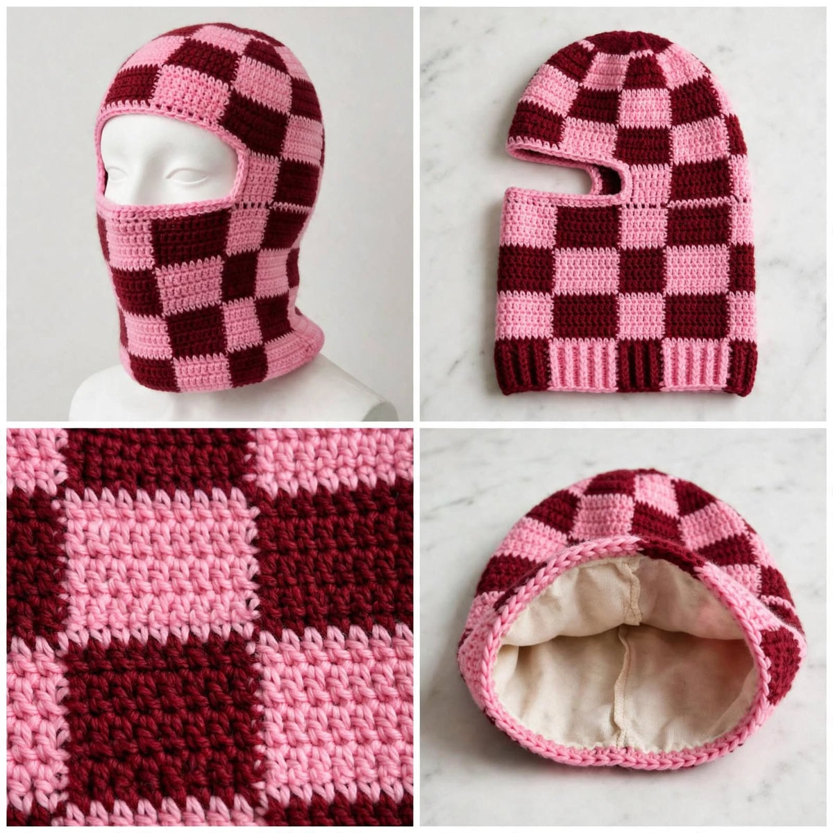 Handmade Crochet Full Face Mask – Pink & Maroon Block Design