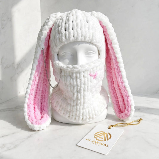 Handmade Crochet Rabbit Ear Winter Hat Mask – Baby Pink & White Wool Look