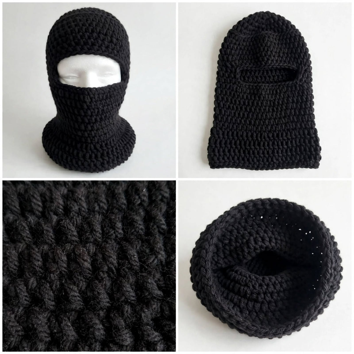 Hand Crocheted Wool Balaclava – Black Full Face & Neck Winter Mask