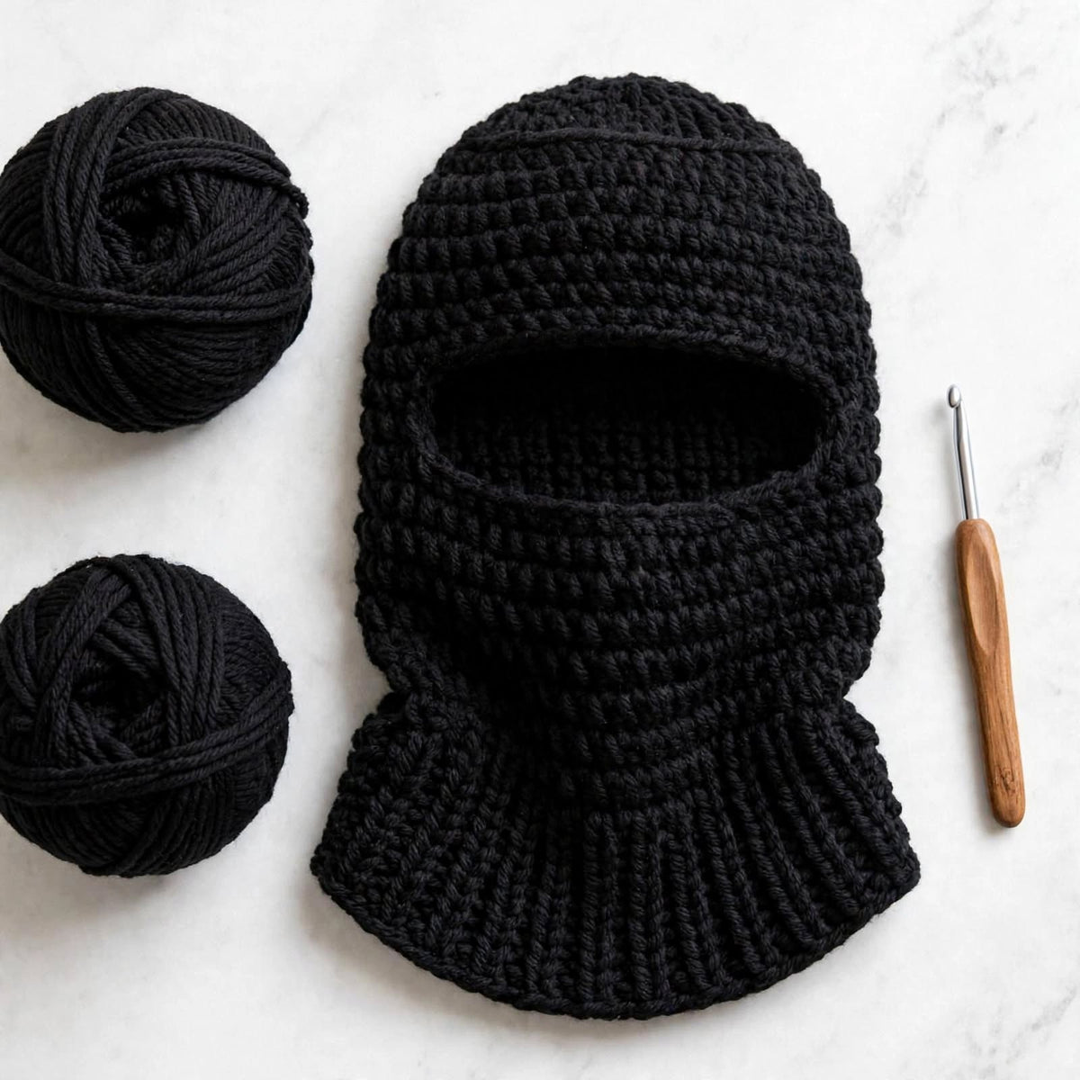 Hand Crocheted Wool Balaclava – Black Full Face & Neck Winter Mask