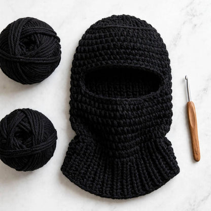 Hand Crocheted Wool Balaclava – Black Full Face & Neck Winter Mask