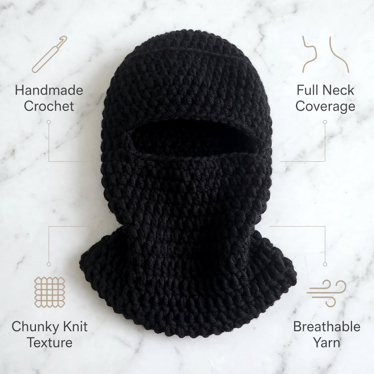 Hand Crocheted Wool Balaclava – Black Full Face & Neck Winter Mask
