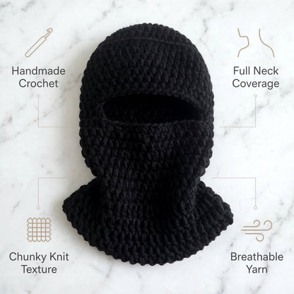Hand Crocheted Wool Balaclava – Black Full Face & Neck Winter Mask