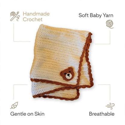 Handmade Crochet Baby Blanket – Cream Wool-Style Blanket with Mustard Border