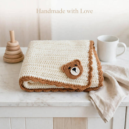 Handmade Crochet Baby Blanket – Cream Wool-Style Blanket with Mustard Border