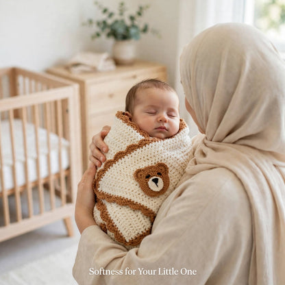 Handmade Crochet Baby Blanket – Cream Wool-Style Blanket with Mustard Border