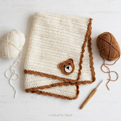 Handmade Crochet Baby Blanket – Cream Wool-Style Blanket with Mustard Border