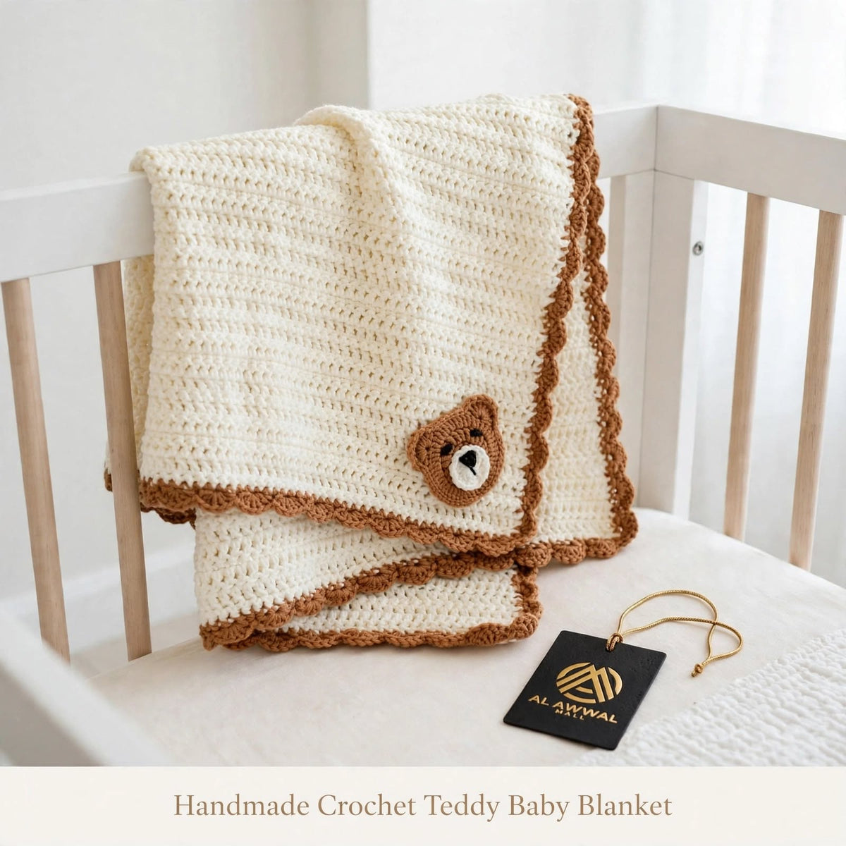 Handmade Crochet Baby Blanket – Cream Wool-Style Blanket with Mustard Border