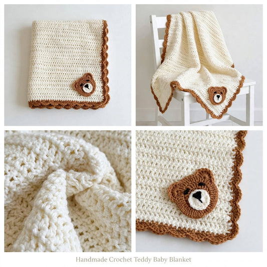 Handmade Crochet Baby Blanket – Cream Wool-Style Blanket with Mustard Border