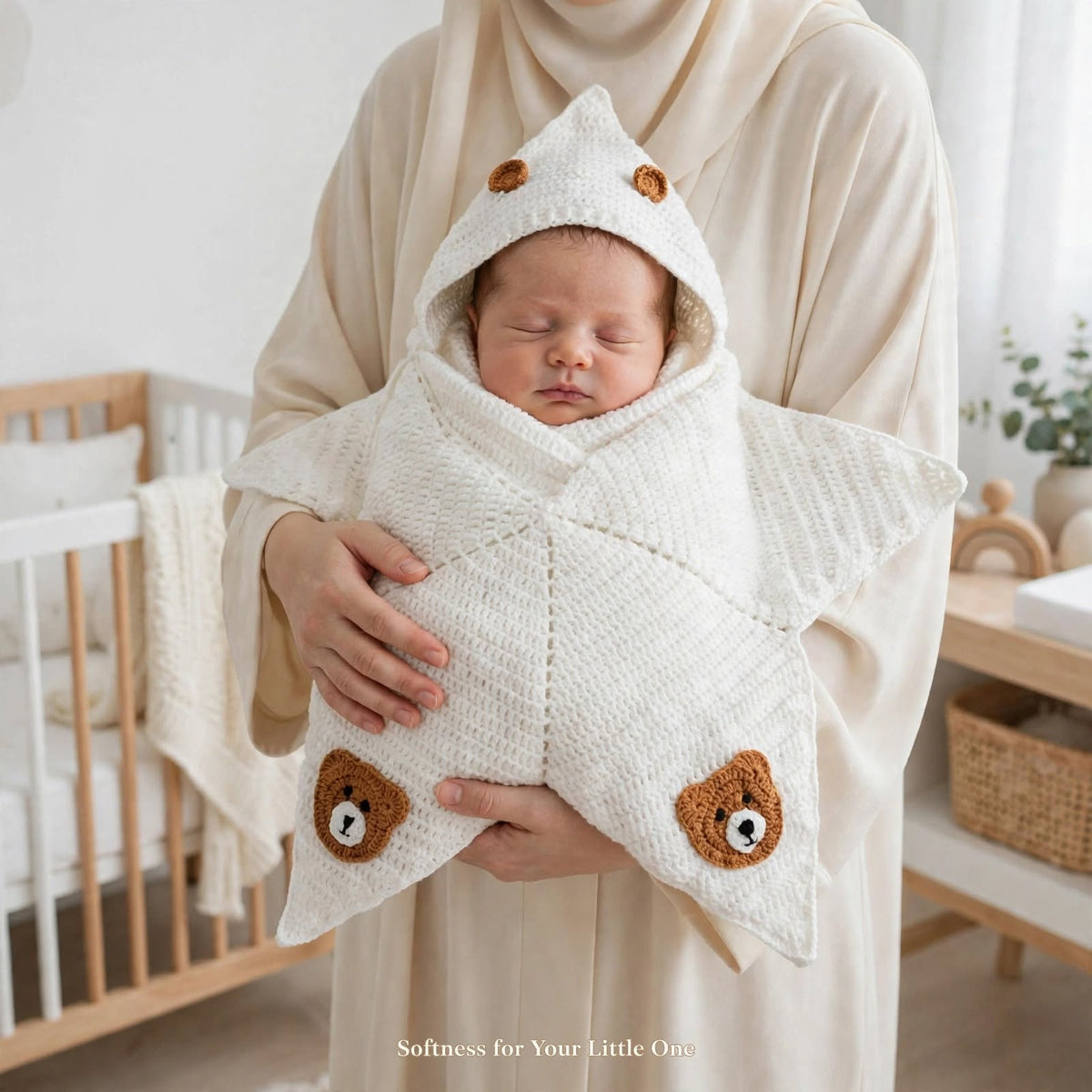 Handmade Crochet Bear Pattern Star Baby Blanket – Mustard & Cream