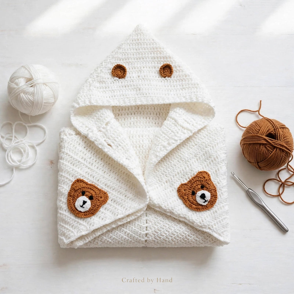 Handmade Crochet Bear Pattern Star Baby Blanket – Mustard & Cream
