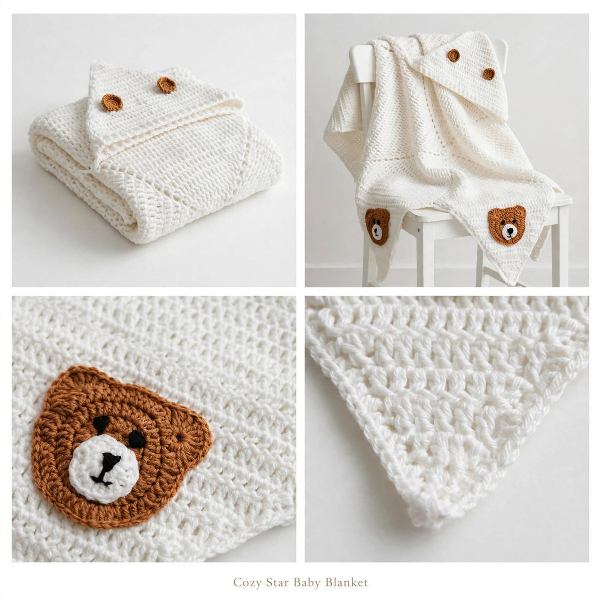 Handmade Crochet Bear Pattern Star Baby Blanket – Mustard & Cream