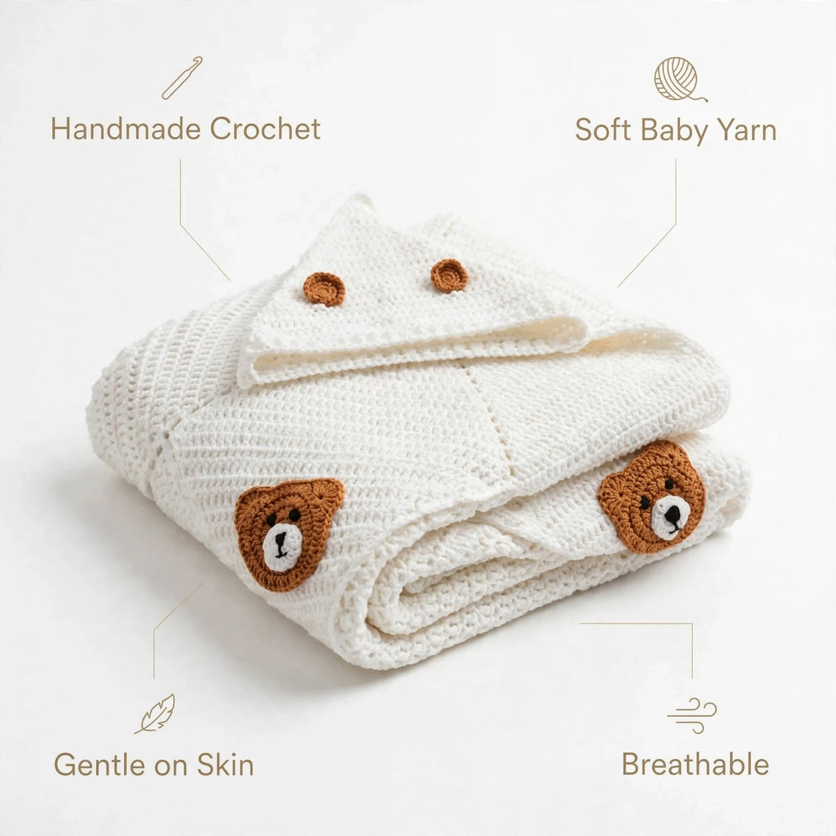 Handmade Crochet Bear Pattern Star Baby Blanket – Mustard & Cream