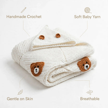 Handmade Crochet Bear Pattern Star Baby Blanket – Mustard & Cream