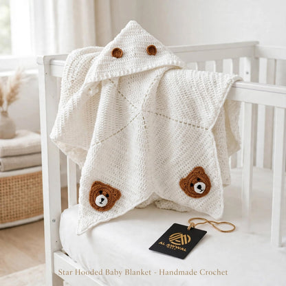 Handmade Crochet Bear Pattern Star Baby Blanket – Mustard & Cream