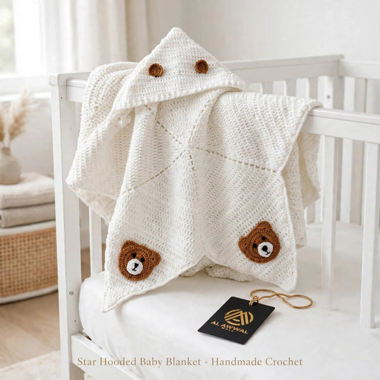 Handmade Crochet Bear Pattern Star Baby Blanket – Mustard & Cream