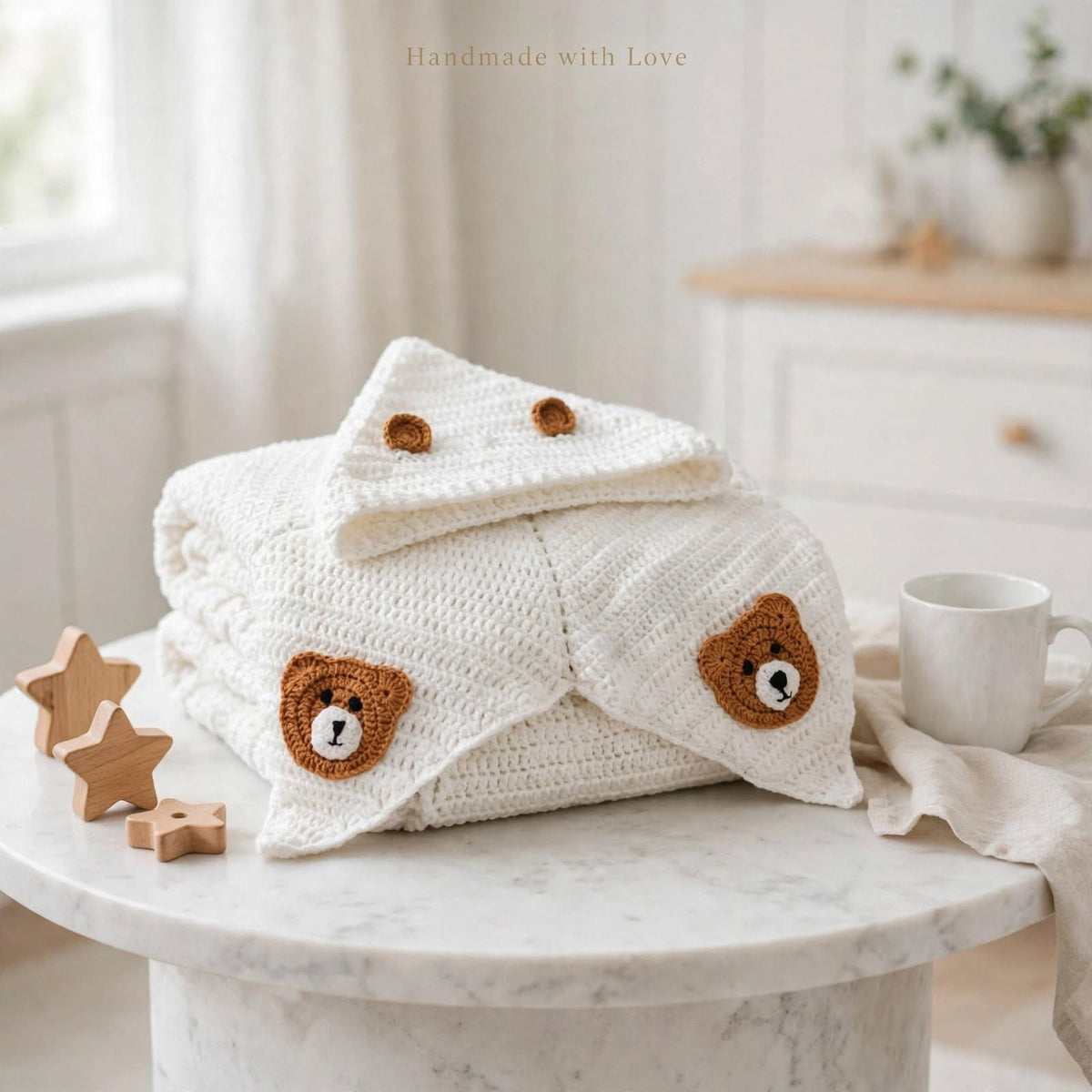 Handmade Crochet Bear Pattern Star Baby Blanket – Mustard & Cream