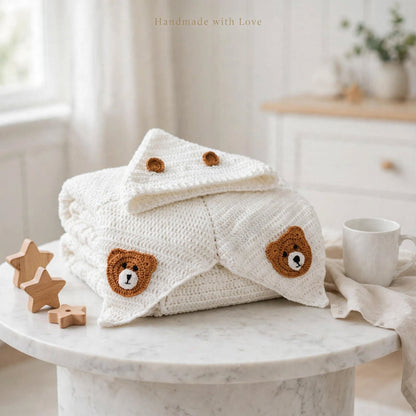 Handmade Crochet Bear Pattern Star Baby Blanket – Mustard & Cream