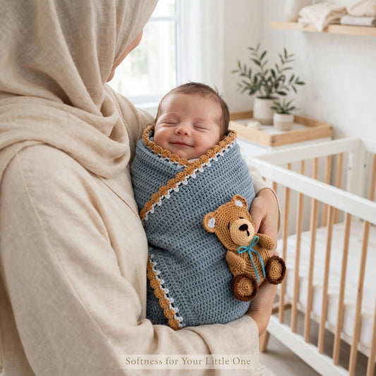 Handmade Crochet Baby Blanket – Grey with Mustard Border & Teddy Bear Pattern