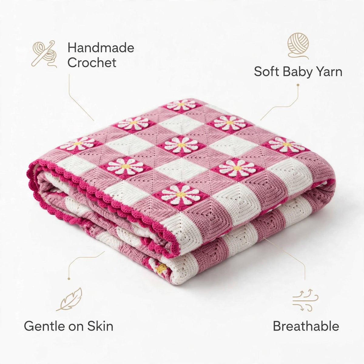 Handmade Crochet Baby Blanket – White & Soft Purple-Pink Floral Design