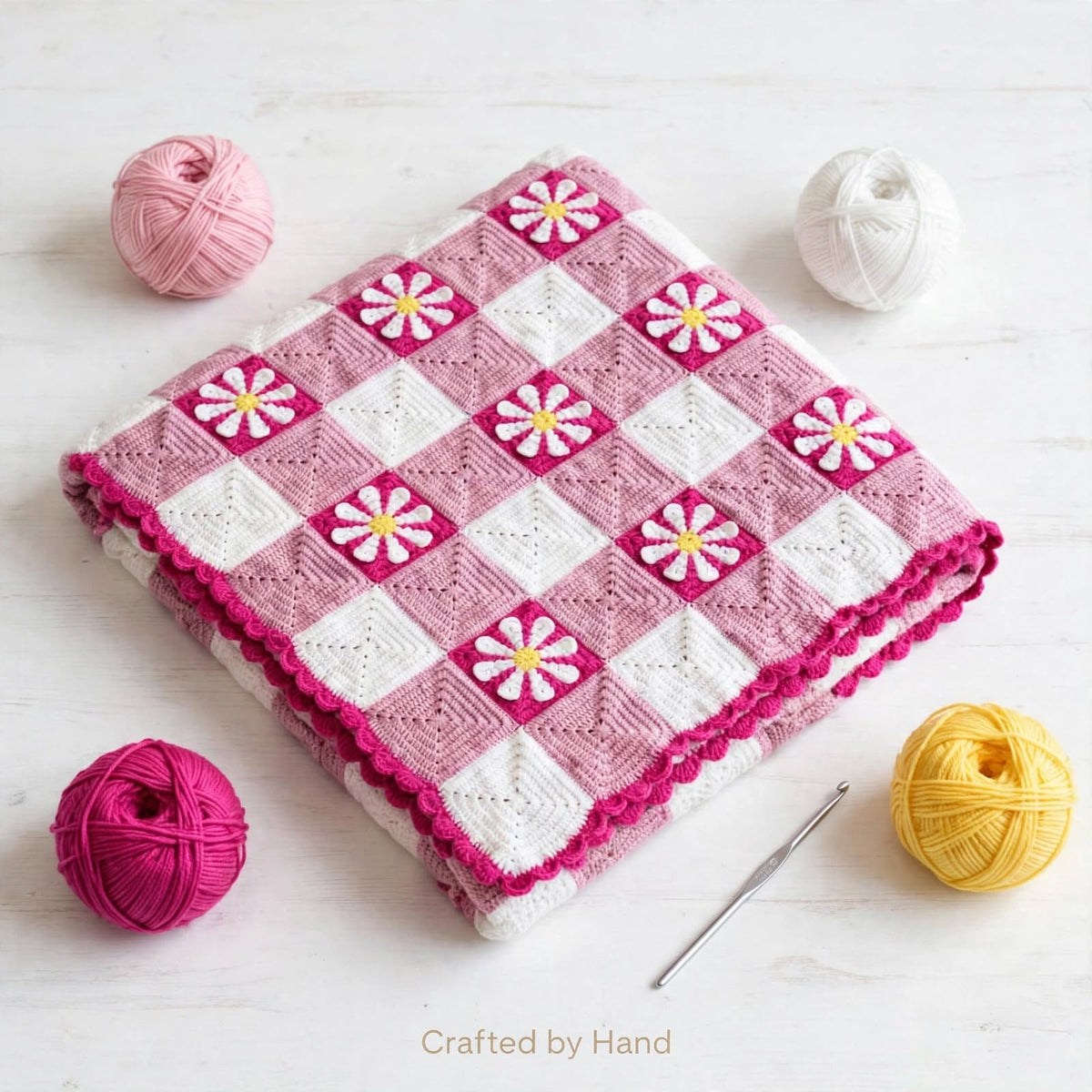 Handmade Crochet Baby Blanket – White & Soft Purple-Pink Floral Design
