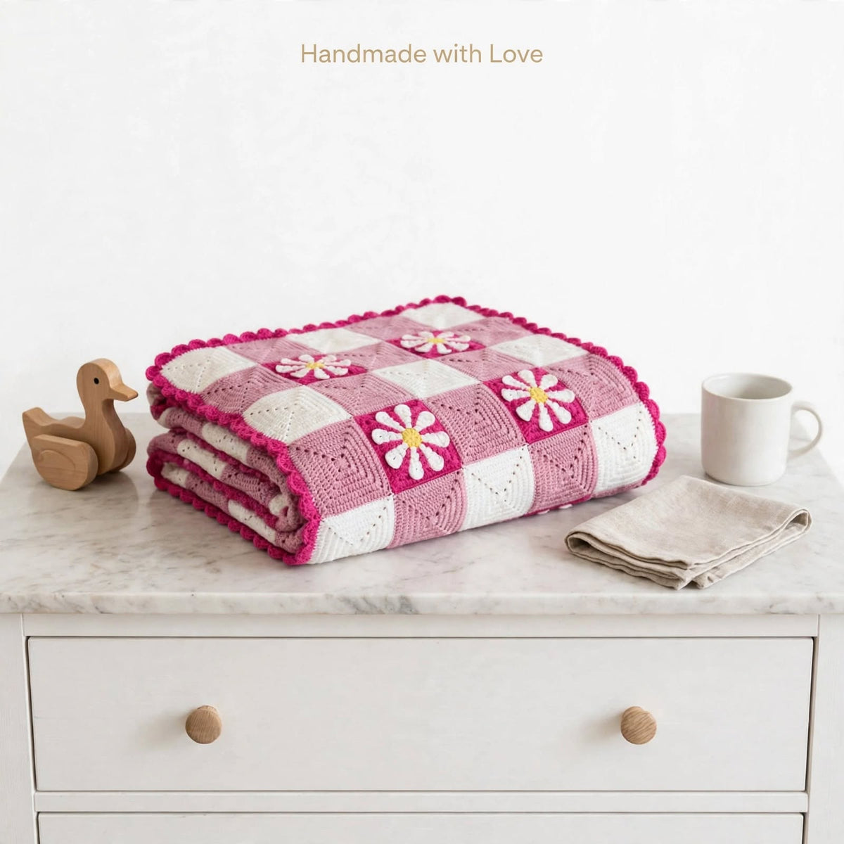 Handmade Crochet Baby Blanket – White & Soft Purple-Pink Floral Design