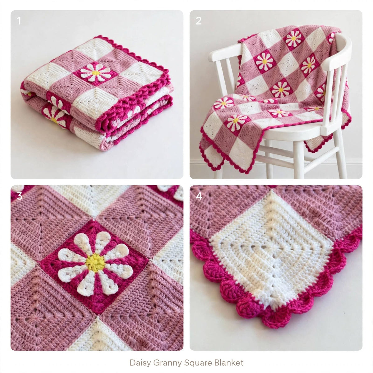 Handmade Crochet Baby Blanket – White & Soft Purple-Pink Floral Design