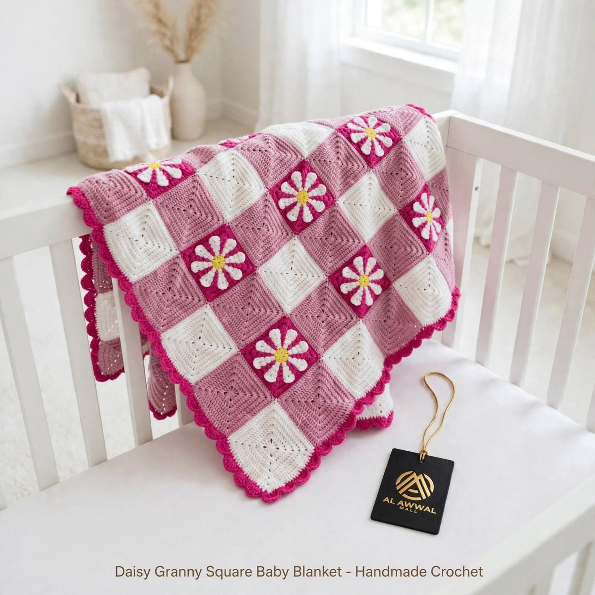 Handmade Crochet Baby Blanket – White & Soft Purple-Pink Floral Design