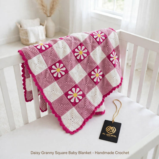 Handmade Crochet Baby Blanket – White & Soft Purple-Pink Floral Design
