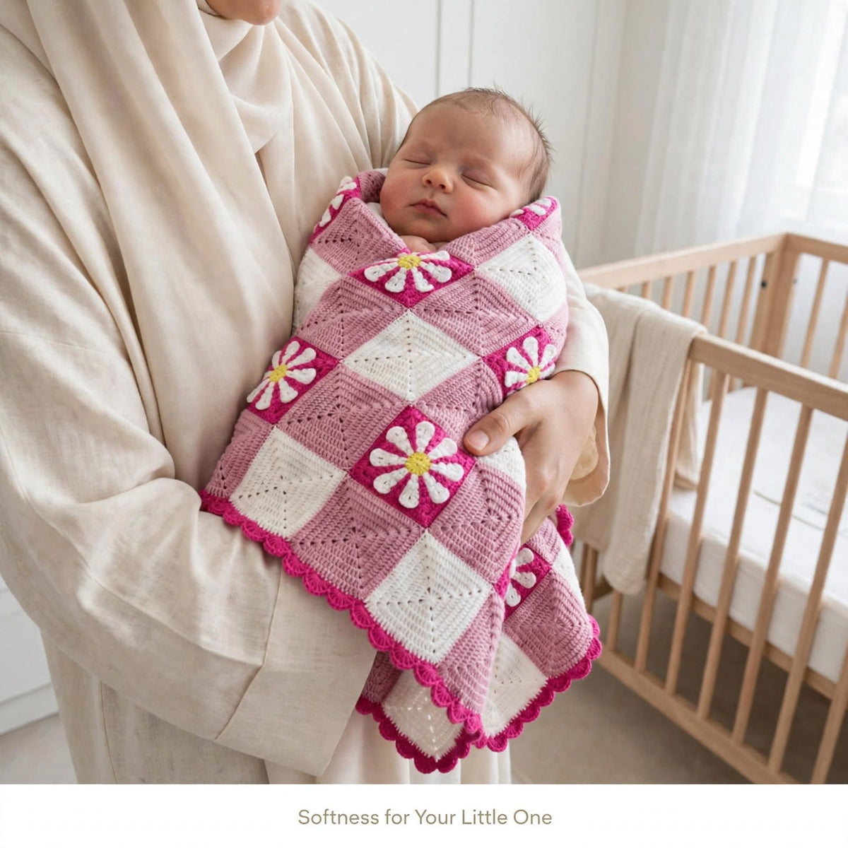Handmade Crochet Baby Blanket – White & Soft Purple-Pink Floral Design