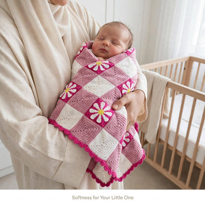 Handmade Crochet Baby Blanket – White & Soft Purple-Pink Floral Design